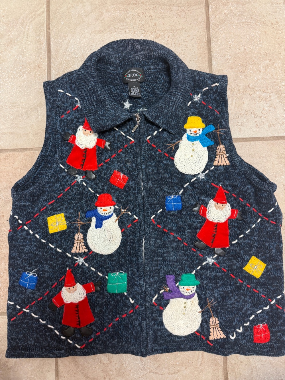 Designer Originals Vintage Sweater Zip Vest Snowman Santa Size Medium